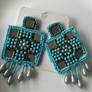 Artisan Boho Turquoise Beaded Statement Dangle Earrings | Handcrafted Gift